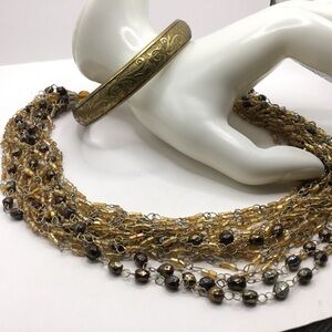 Vintage 20-Strand Glass Beaded Necklace with Matching Embossed Bangle